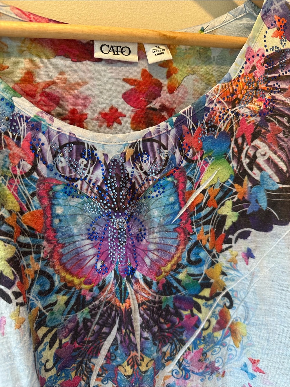 Cato Light Blue Short Sleeve Tee with Multicolor Butterfly Wings - Picture 2 of 7